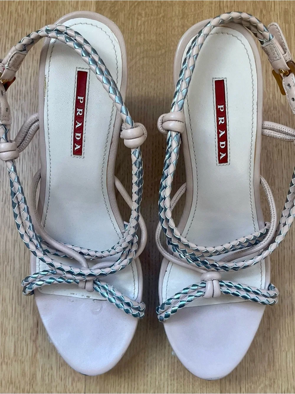 Prada Espadrille Cork Wedge Woven Strappy Tan Silver Pink Sandals Size EU 7/US 7